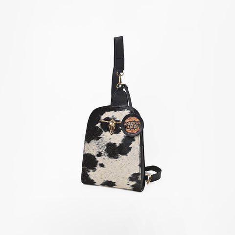 ADBGA1422 Genuine Leather Hair On Hide Longhorn Skull Western Sling Backpack Bag