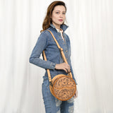 ADBG1461 Round Natural Hand-Tooled Leather Canteen Bag - Floral Whipstitch Western Style