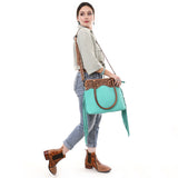 ADBG1502 Turquoise Leather Western Tote - Tooled Floral Yoke, Fringe & Crossbody Strap
