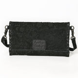 ADBG1645 Black Floral Embossed Leather Clutch Crossbody Bag with Whipstitch Trim
