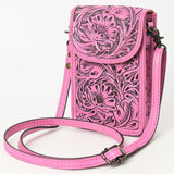 LC-ADBG1448C Pink Hand Tooled Leather Phone Crossbody Bag - Western Floral Vertical Pouch