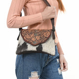 ADBGA571 Hand-Tooled Leather & Cowhide Crossbody Bag Western Floral Saddle Flap