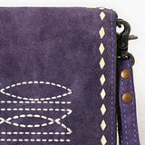 ADBG1717 Suede Leather Wallet Bag with White Western Stitch Embroidery