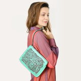 ADBGZ784 Hand-Tooled Leather Wristlet Clutch - Western Floral Design