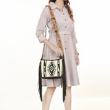 ADBG324B Southwestern Wool Saddle Blanket Crossbody Bag with Tooled Leather Strap & Fringe