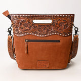 ADBG1584 Suede & Tooled Leather Western Fringe Bag - Embroidered Crossbody with Cutout Handle