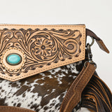 ADBG1484 Tooled Leather Cowhide Fringe Crossbody Bag with Turquoise Accent