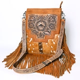 ADBG256 Tooled Leather & Cowhide Fringe Messenger Bag Western Boho Crossbody by American Darling