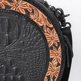 ADBG1604 Round Black Leather Canteen Bag with Floral Tooled Border & Embossed Center