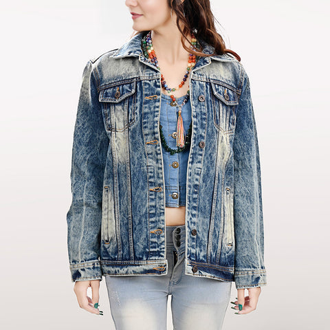 ADJKT005 American Darling Boho Denim Harness Jacket Floral Tooled Fringe
