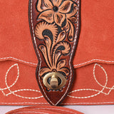 ADBGA712 Western Burnt Orange Suede Shoulder Bag – Tooled Leather Floral Flap with Turn Lock