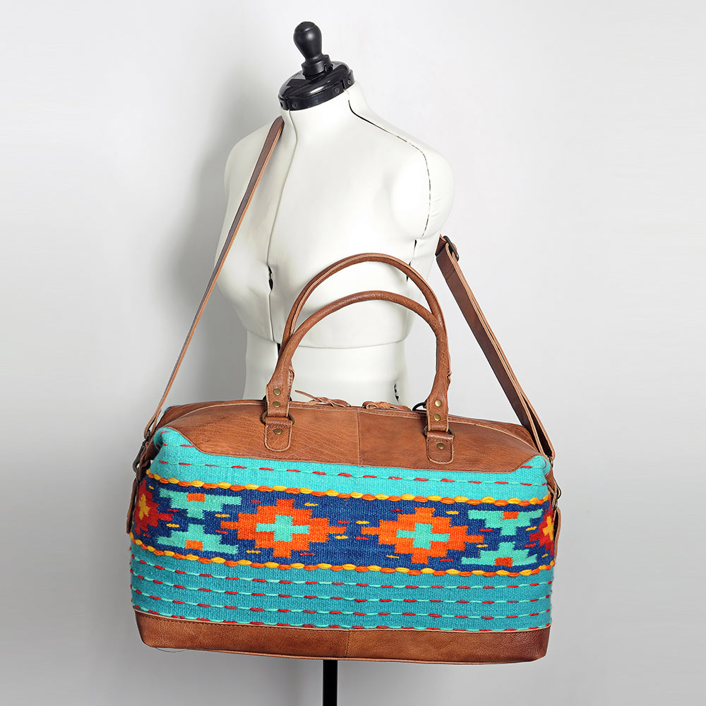 ADBG460 Southwestern Wool & Leather Duffel Bag Handwoven Saddle Blanket Travel Tote