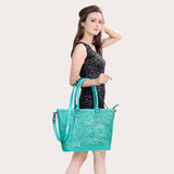 ADBG1246 Hand-Tooled Metallic Silver Leather Tote Bag - Western Floral Design with Dual Handles