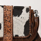 ADBG1504 Cowhide Crossbody Bag with Tooled Leather Flap & Fringe - Western Floral Accent