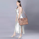 ADBG1173 Floral Hand-Tooled Leather Tote Bag - Braided Handles & Adjustable Strap