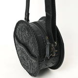 ADBG1461A Round Black Hand-Tooled Leather Crossbody Bag - Western Floral Pattern