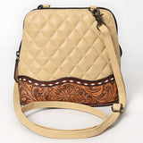 ADBG1679A Tan Quilted Leather Crossbody Bag with Tooled Floral Trim - American Darling