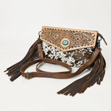ADBG1484 Tooled Leather Cowhide Fringe Crossbody Bag with Turquoise Accent