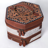 ADBGA781 Hexagon Tooled Leather & Cowhide Western Travel Case – Dual Zippers with Handle
