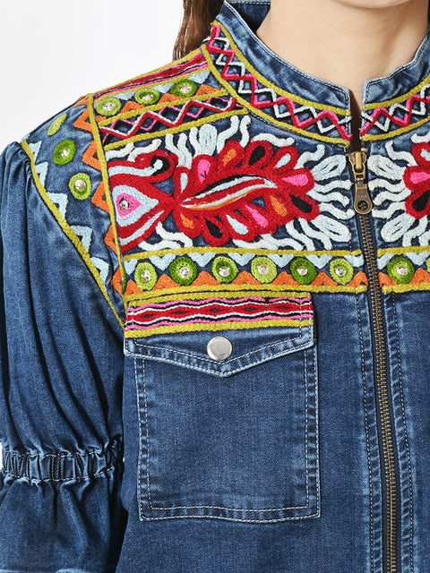 ADJKT091 American Darling Embroidered Denim Fabric Short Sleeve Zip Up Apparel Jacket