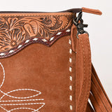 ADBG1648 Brown Suede Fringe Crossbody Bag with Tooled Leather Yoke & White Embroidery