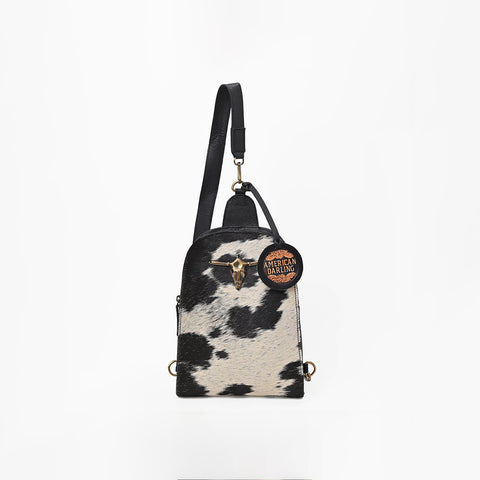ADBGA1422 Genuine Leather Hair On Hide Longhorn Skull Western Sling Backpack Bag