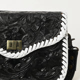 ADBG1475A Black Tooled Leather Crossbody Bag with White Whipstitch Trim