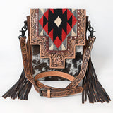 ADBG1786 Southwestern Tooled Leather & Cowhide Crossbody Bag with Fringe and Wool Flap