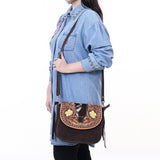 ADBGA660 Western Cowhide & Tooled Leather Suede Crossbody Bag with Floral Accents-Dark Brown