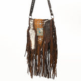 ADBGM477 Cowhide & Leather Western Fringe Crossbody Bag - Western Concho Bag with Turquoise Accent