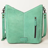 ADBG1199 Mint Fringe Leather Crossbody Bag - Tooled Aztec Design with Gemstone Accents
