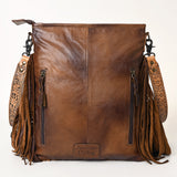 ADBG256 Tooled Leather & Cowhide Fringe Messenger Bag Western Boho Crossbody by American Darling