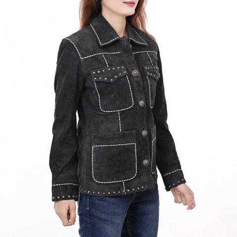 ADJKTLTR018 American Darling Genuine Leather Studded Western Button Down Jacket