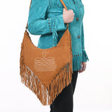 ADBGA733 V-Cut Suede Fringe Crossbody Bag - Western Embroidered Hobo Purse